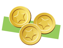three gold coins with stars on them on a green background
